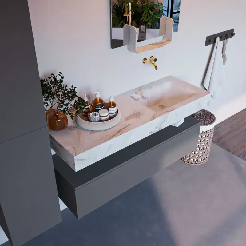 Lage Prijs Mondiaz Alan DLux badmeubel 130cm plata 1 lade met wastafel frappe rechts zonder kraangat
