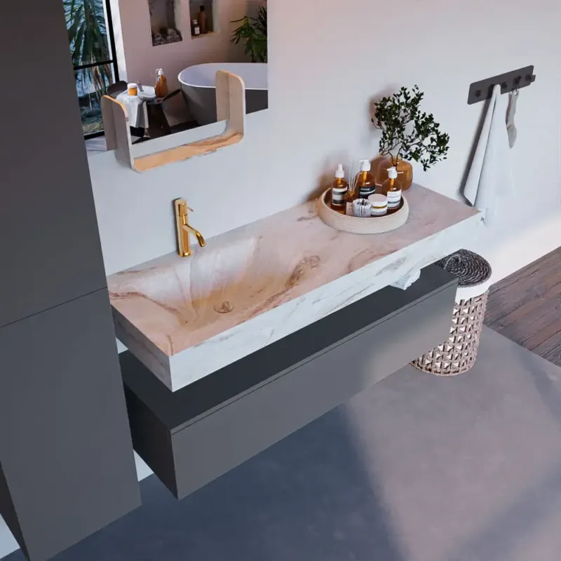 Mondiaz Alan DLux badmeubel 130cm plata 1 lade met wastafel frappe links 1 kraangat Merkproduct