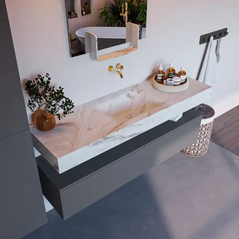 Mondiaz Alan DLux badmeubel 150cm plata 1 lade met wastafel frappe midden zonder kraangat Weekendaanbieding