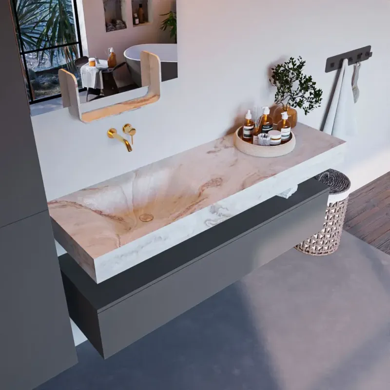 Mondiaz Alan DLux badmeubel 150cm plata 1 lade met wastafel frappe links zonder kraangat Koop Vandaag
