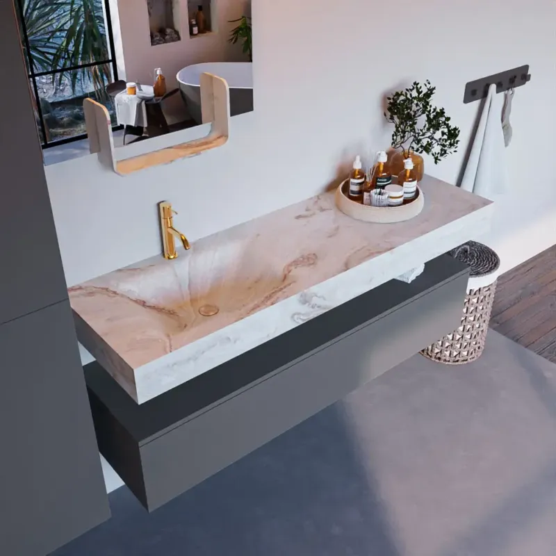 Mondiaz Alan DLux badmeubel 150cm plata 1 lade met wastafel frappe links 1 kraangat Hete Deal