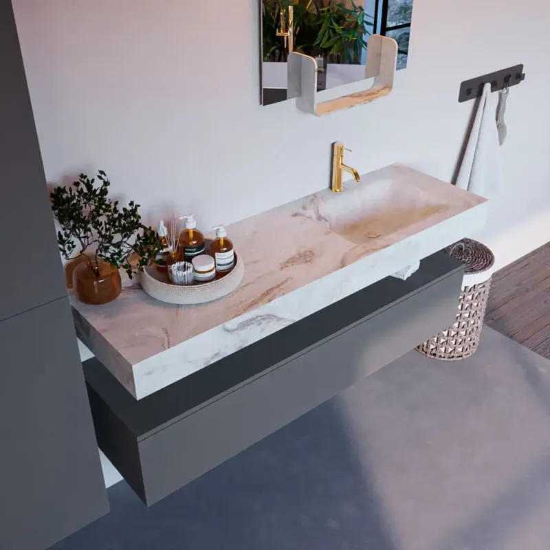 Mondiaz Alan DLux badmeubel 150cm plata 1 lade met wastafel frappe rechts 1 kraangat Nu Kopen