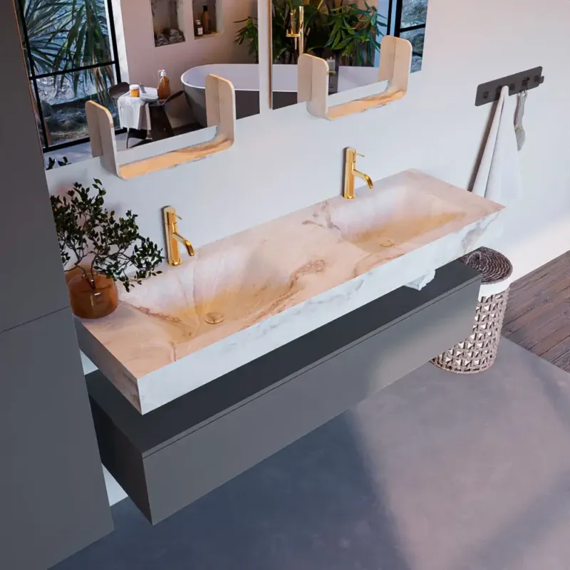 Mondiaz Alan DLux badmeubel 150cm plata 1 lade met wastafel frappe dubbel 2 kraangaten Laatste Kans