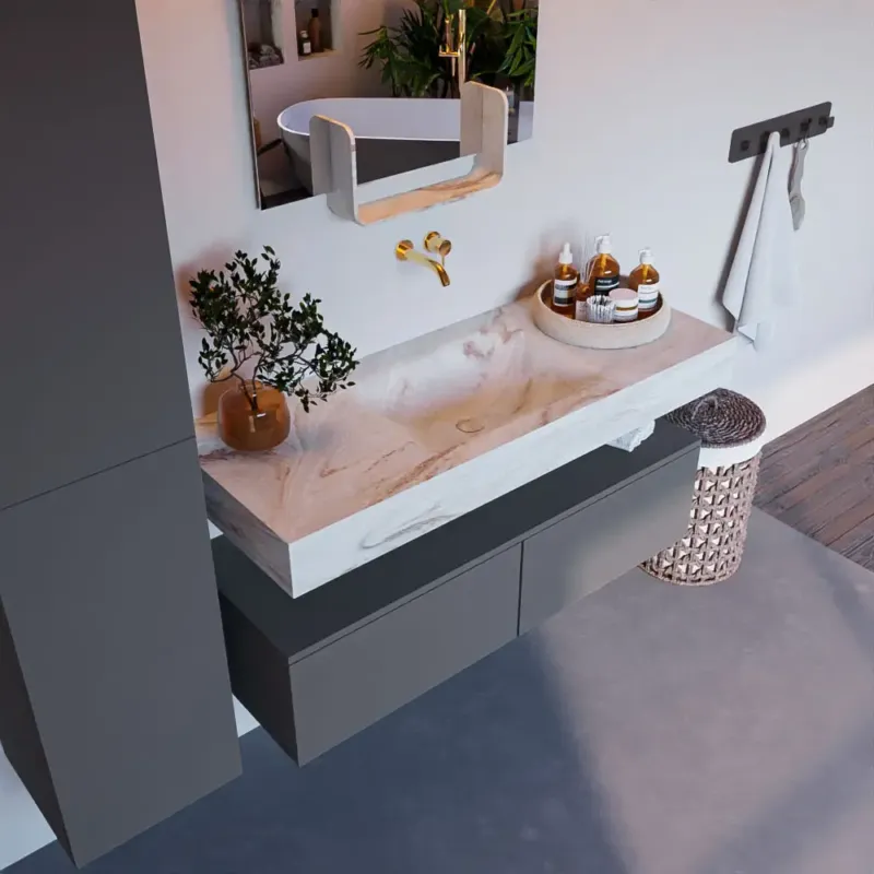 Mondiaz Alan DLux badmeubel 120cm plata 2 lades met wastafel frappe midden zonder kraangat Betrouwbaar