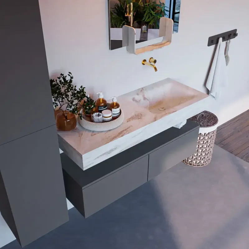 Mondiaz Alan DLux badmeubel 120cm plata 2 lades met wastafel frappe rechts zonder kraangat Merkproduct