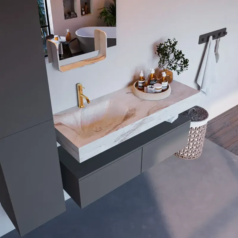 Mondiaz Alan DLux badmeubel 120cm plata 2 lades met wastafel frappe links 1 kraangat Direct Beschikbaar