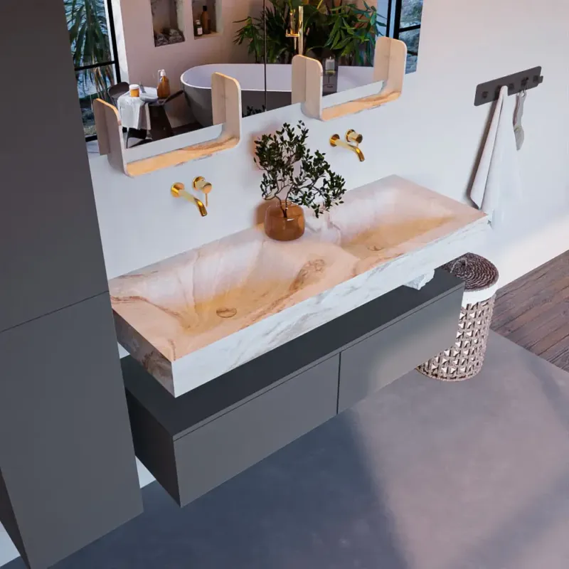 Mondiaz Alan DLux badmeubel 130cm plata 2 lades met wastafel frappe dubbel zonder kraangat Dagaanbieding
