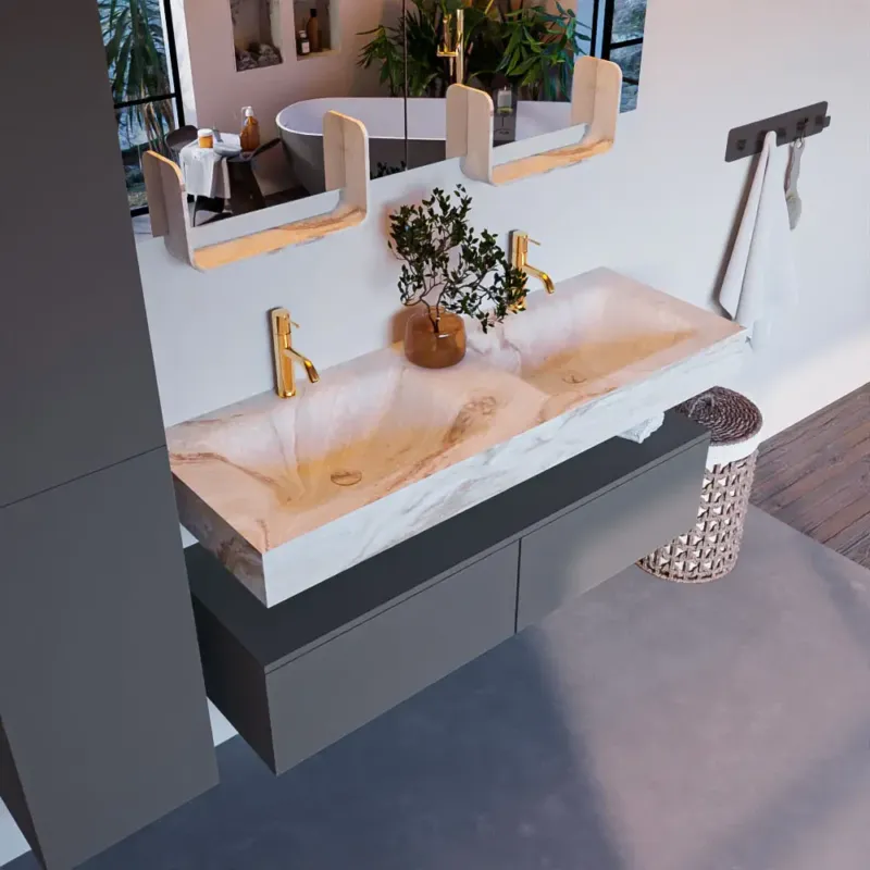 Laatste Versie Mondiaz Alan DLux badmeubel 130cm plata 2 lades met wastafel frappe dubbel 2 kraangaten