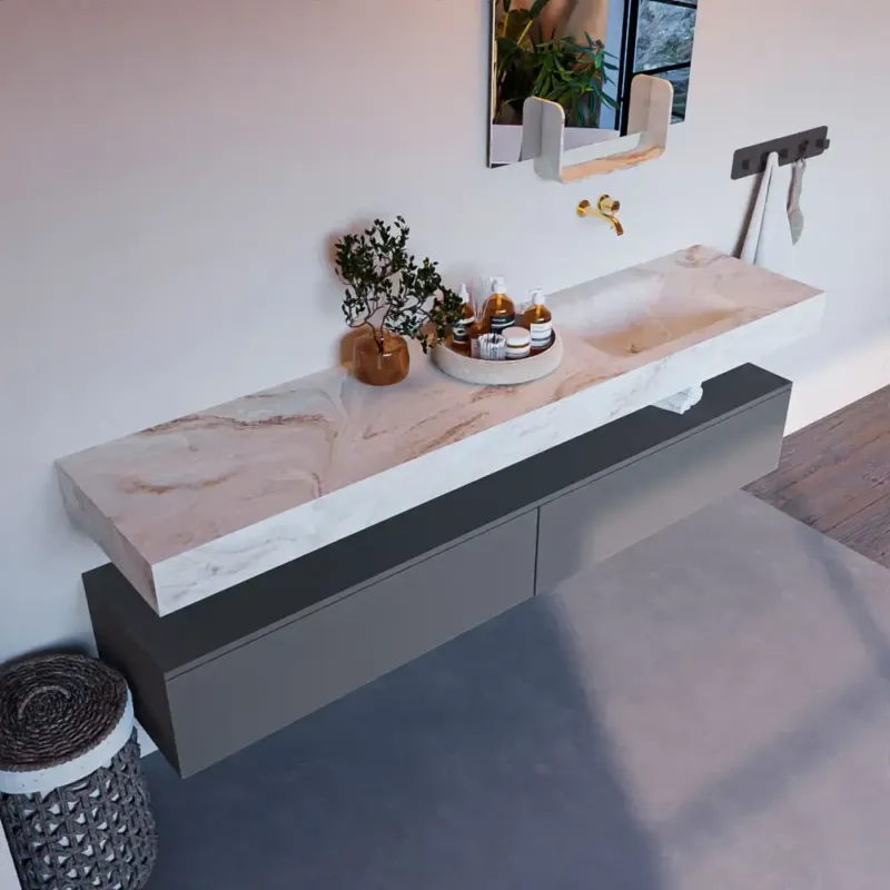 Mondiaz Alan DLux badmeubel 200cm plata 2 lades met wastafel frappe rechts zonder kraangat Seizoensaanbieding