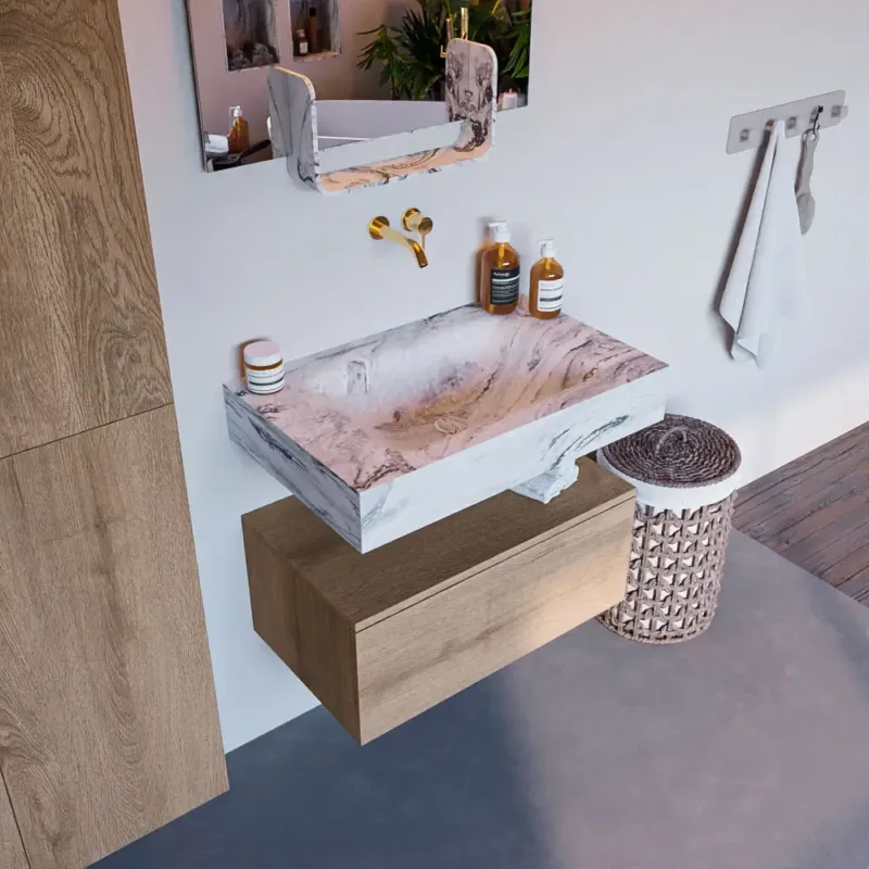Mondiaz Alan DLux badmeubel 70cm washed oak 1 lade met wastafel glace midden zonder kraangat Lage Kosten