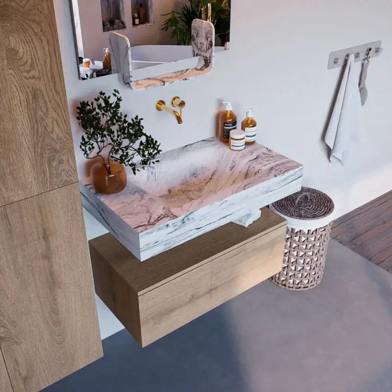 Mondiaz Alan DLux badmeubel 80cm washed oak 1 lade met wastafel glace midden zonder kraangat Flitsaanbieding