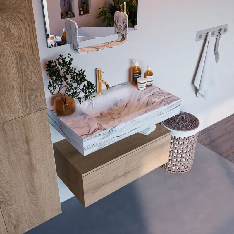 Mondiaz Alan DLux badmeubel 80cm washed oak 1 lade met wastafel glace midden 1 kraangat Alleen Vandaag