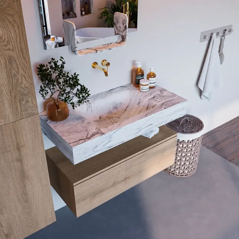 Gecertificeerd Mondiaz Alan DLux badmeubel 90cm washed oak 1 lade met wastafel glace midden zonder kraangat
