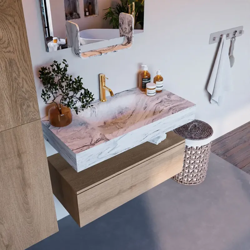 Mondiaz Alan DLux badmeubel 90cm washed oak 1 lade met wastafel glace midden 1 kraangat Direct Verzonden