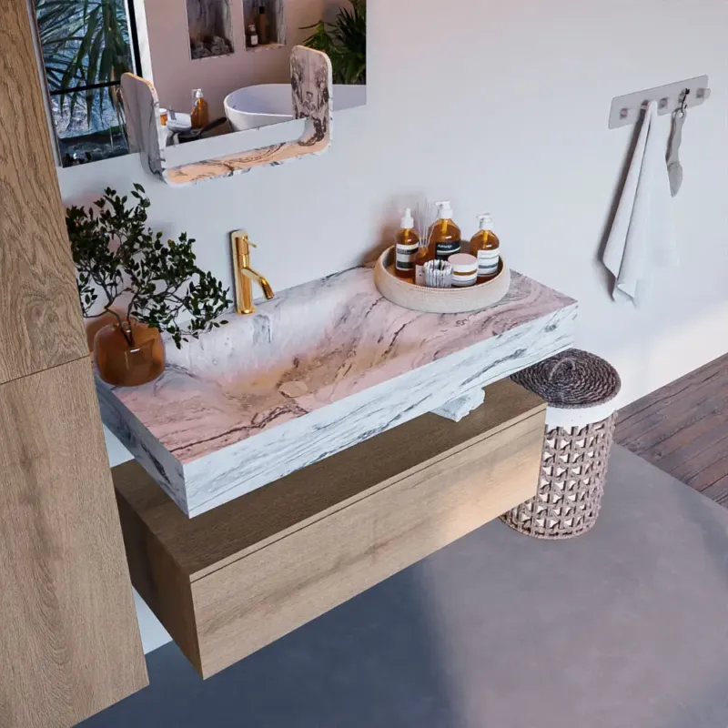 Mondiaz Alan DLux badmeubel 100cm washed oak 1 lade met wastafel glace links 1 kraangat Fabrieksprijs