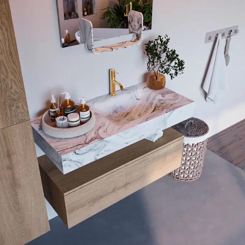 Korting Mondiaz Alan DLux badmeubel 100cm washed oak 1 lade met wastafel glace rechts 1 kraangat