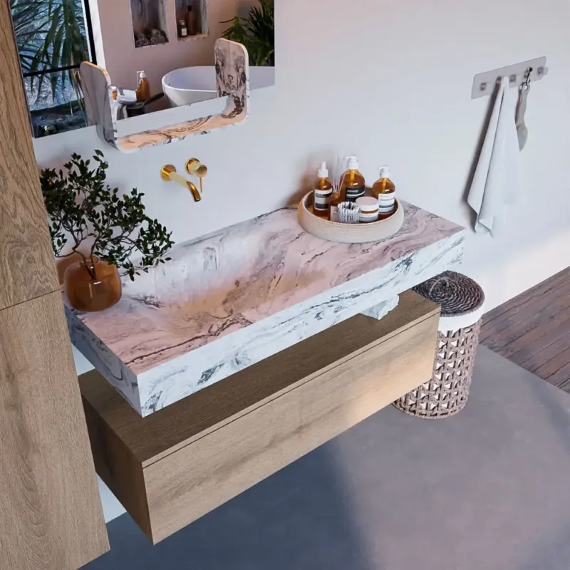 Alleen Vandaag Mondiaz Alan DLux badmeubel 110cm washed oak 1 lade met wastafel glace links zonder kraangat