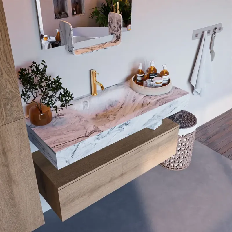 Mondiaz Alan DLux badmeubel 110cm washed oak 1 lade met wastafel glace midden 1 kraangat Korting