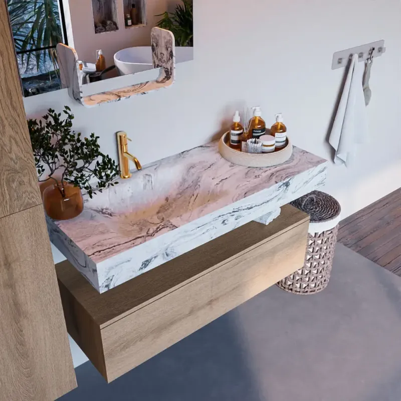 Mondiaz Alan DLux badmeubel 110cm washed oak 1 lade met wastafel glace links 1 kraangat Direct Beschikbaar