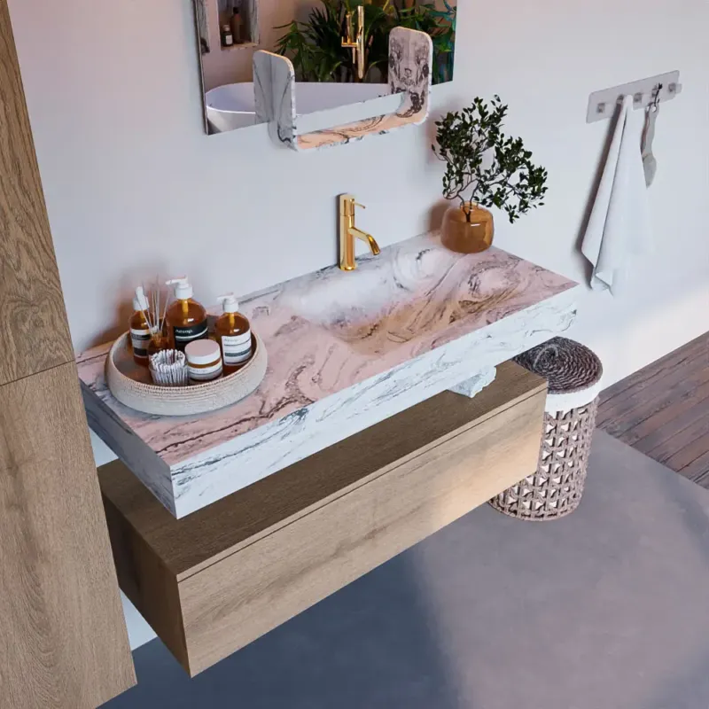 Lage Kosten Mondiaz Alan DLux badmeubel 110cm washed oak 1 lade met wastafel glace rechts 1 kraangat