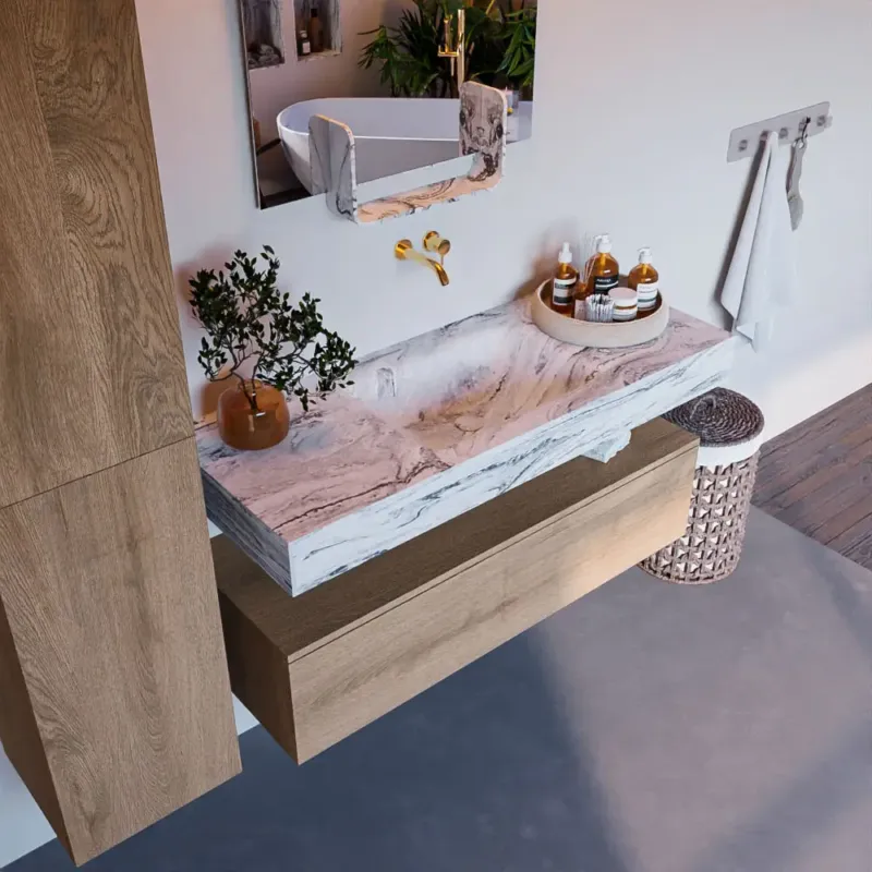Mondiaz Alan DLux badmeubel 120cm washed oak 1 lade met wastafel glace midden zonder kraangat Betrouwbaar