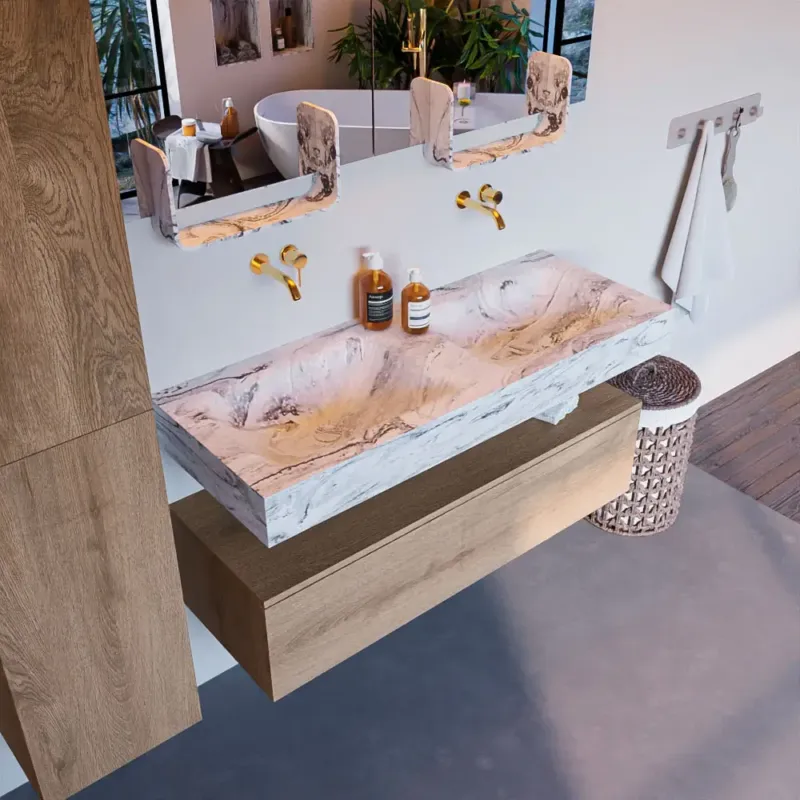 Mondiaz Alan DLux badmeubel 120cm washed oak 1 lade met wastafel glace dubbel zonder kraangat Populair