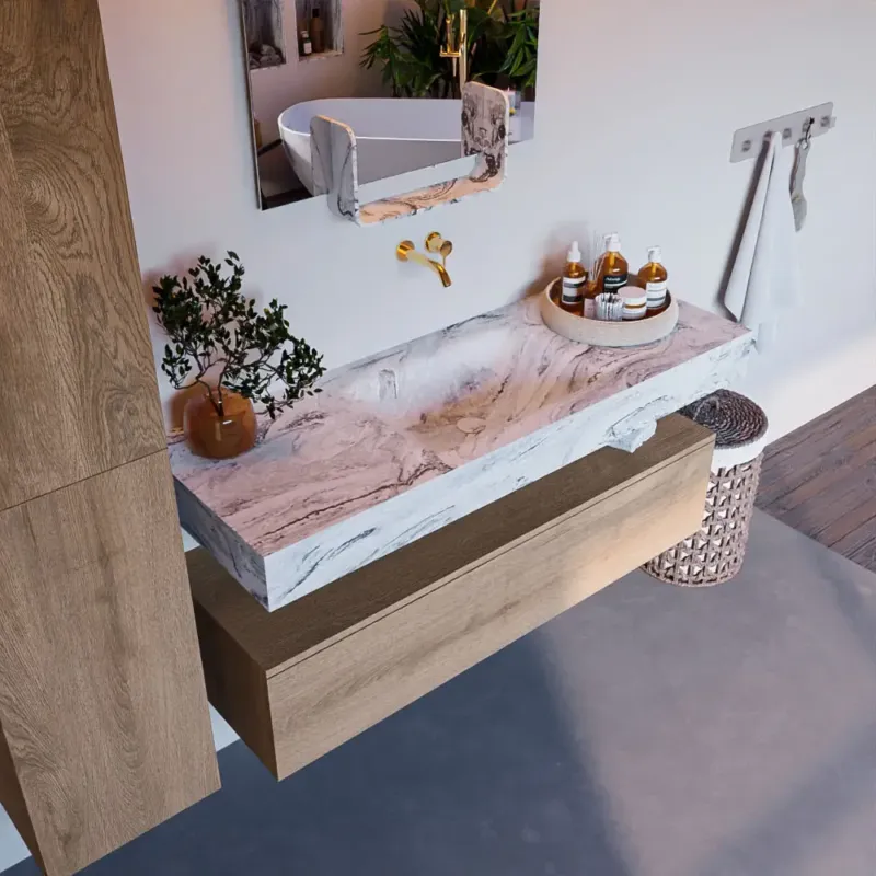 Hete Deal Mondiaz Alan DLux badmeubel 130cm washed oak 1 lade met wastafel glace midden zonder kraangat