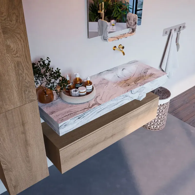 Lage Prijs Mondiaz Alan DLux badmeubel 130cm washed oak 1 lade met wastafel glace rechts zonder kraangat