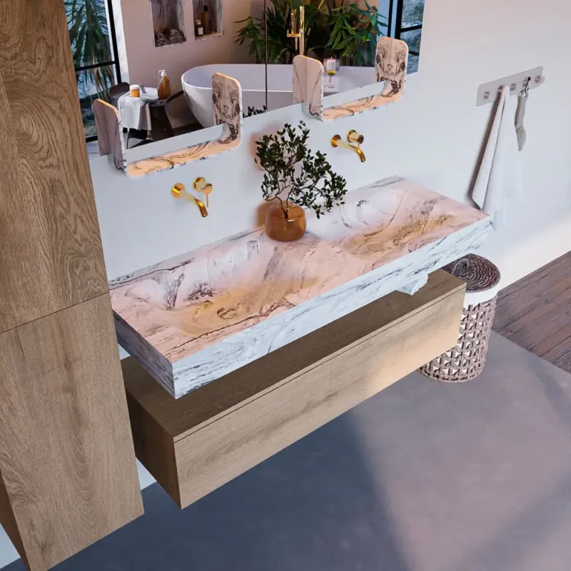 Mondiaz Alan DLux badmeubel 130cm washed oak 1 lade met wastafel glace dubbel zonder kraangat Snelle Levering