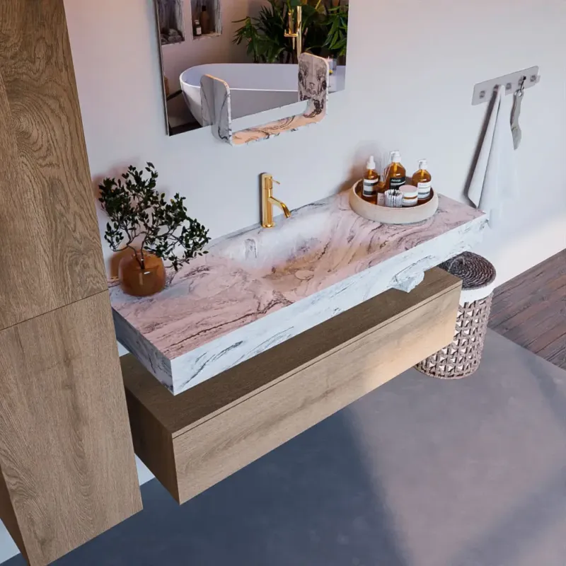 Mondiaz Alan DLux badmeubel 130cm washed oak 1 lade met wastafel glace midden 1 kraangat Bestseller