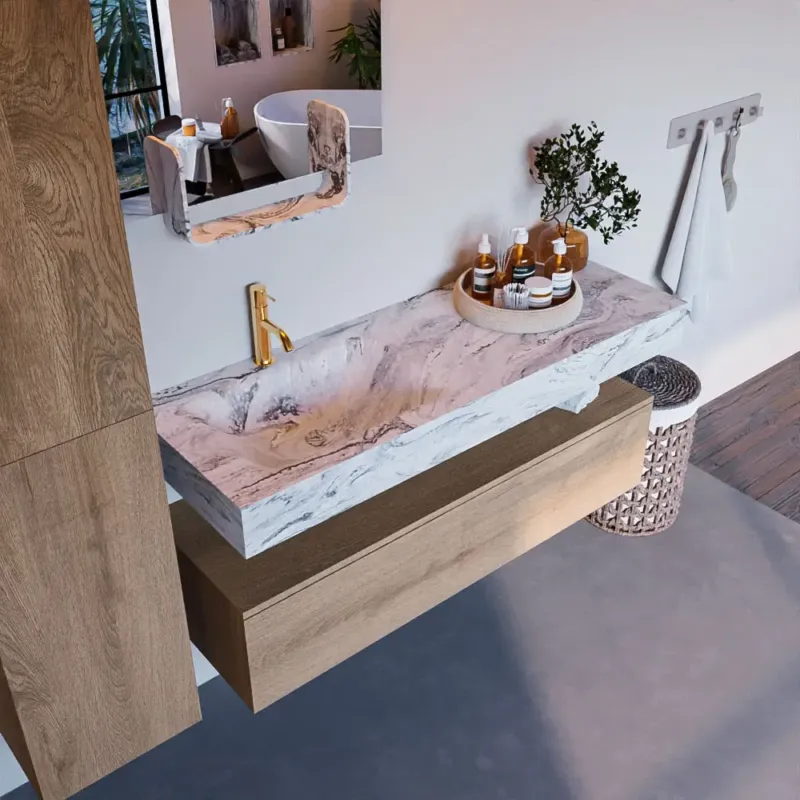 Mondiaz Alan DLux badmeubel 130cm washed oak 1 lade met wastafel glace links 1 kraangat Hete Deal