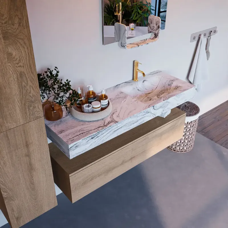 Korting Mondiaz Alan DLux badmeubel 130cm washed oak 1 lade met wastafel glace rechts 1 kraangat