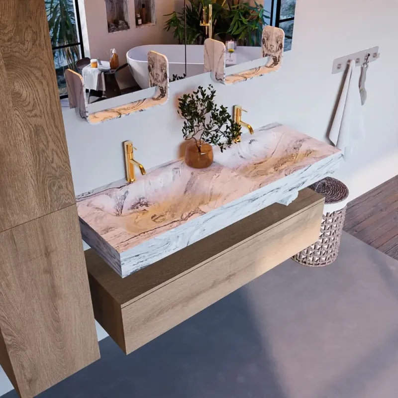 Mondiaz Alan DLux badmeubel 130cm washed oak 1 lade met wastafel glace dubbel 2 kraangaten Dagaanbieding