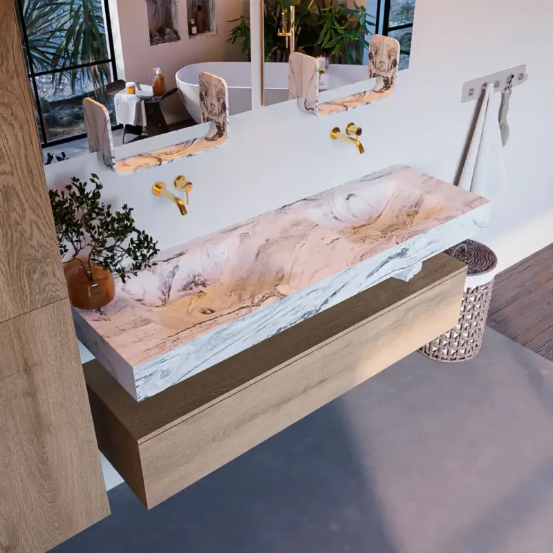 Mondiaz Alan DLux badmeubel 150cm washed oak 1 lade met wastafel glace dubbel zonder kraangat Koop Online