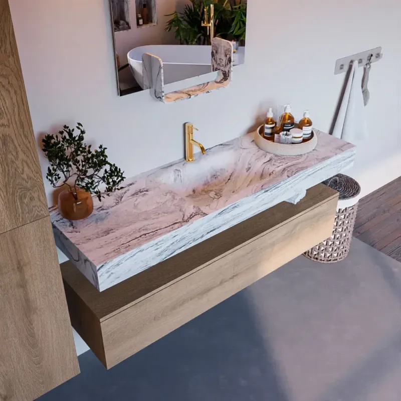 Meest Verkocht Mondiaz Alan DLux badmeubel 150cm washed oak 1 lade met wastafel glace midden 1 kraangat