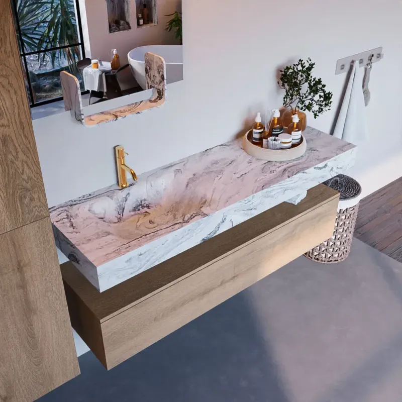 Mondiaz Alan DLux badmeubel 150cm washed oak 1 lade met wastafel glace links 1 kraangat Beste Prijs
