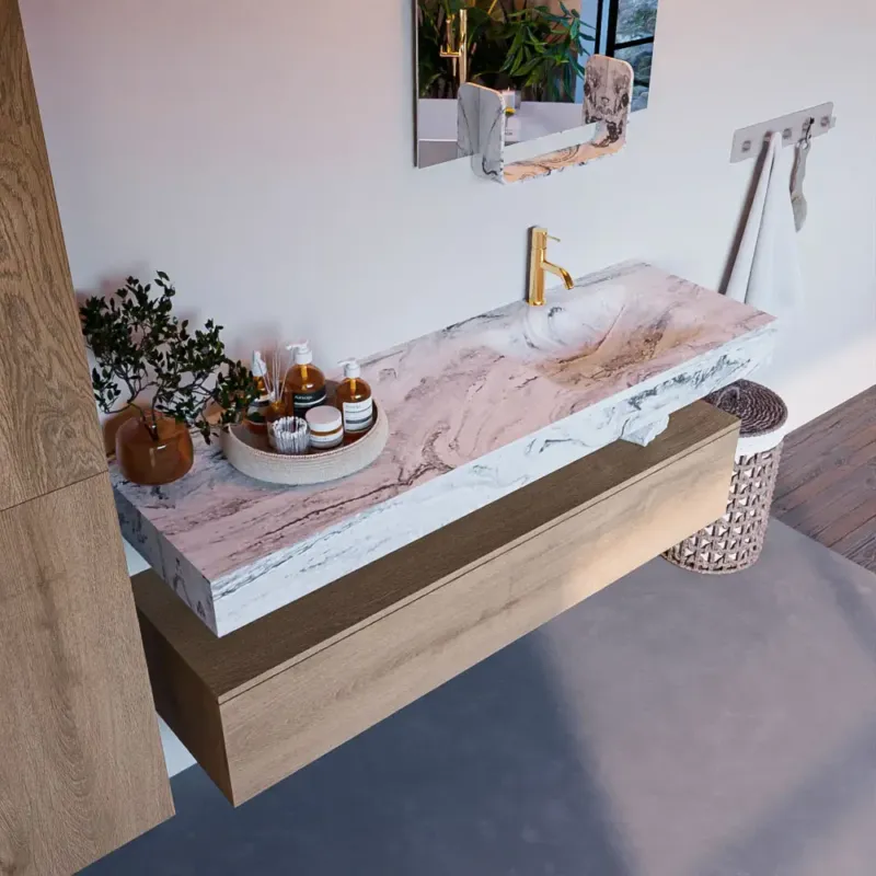 Mondiaz Alan DLux badmeubel 150cm washed oak 1 lade met wastafel glace rechts 1 kraangat Direct Verzonden