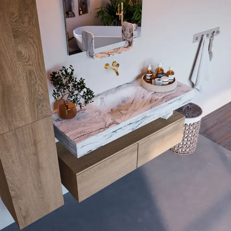 Mondiaz Alan DLux badmeubel 120cm washed oak 2 lades met wastafel glace midden zonder kraangat Populair
