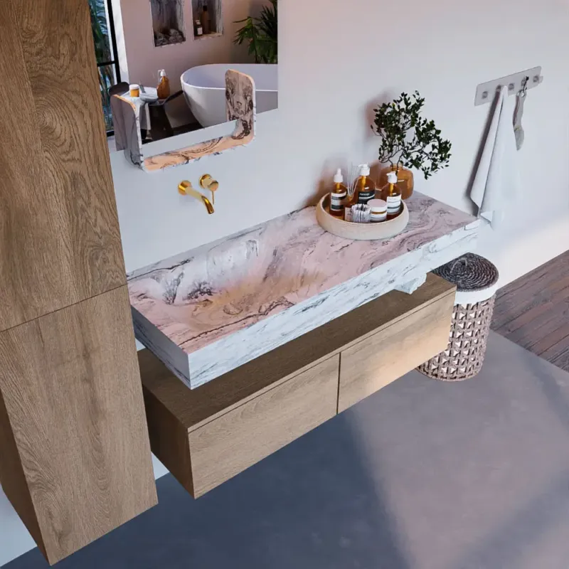 Mondiaz Alan DLux badmeubel 120cm washed oak 2 lades met wastafel glace links zonder kraangat Dagaanbieding