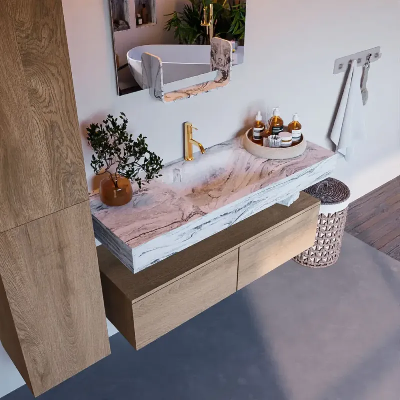 Aanbieding Mondiaz Alan DLux badmeubel 120cm washed oak 2 lades met wastafel glace midden 1 kraangat
