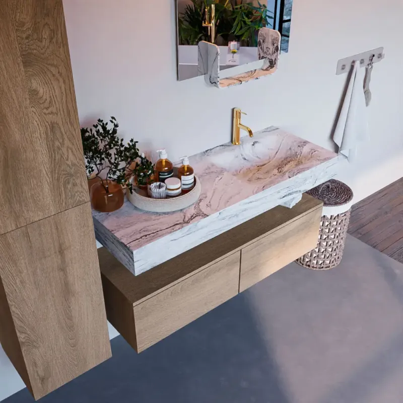 Mondiaz Alan DLux badmeubel 120cm washed oak 2 lades met wastafel glace rechts 1 kraangat Finale Uitverkoop