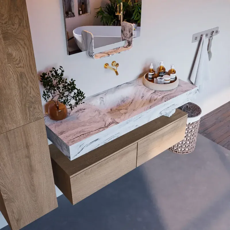 Mondiaz Alan DLux badmeubel 130cm washed oak 2 lades met wastafel glace midden zonder kraangat Exclusieve Aanbieding