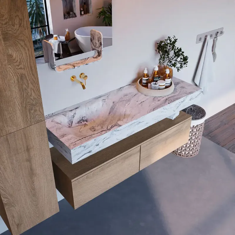 Mondiaz Alan DLux badmeubel 130cm washed oak 2 lades met wastafel glace links zonder kraangat Op = Op