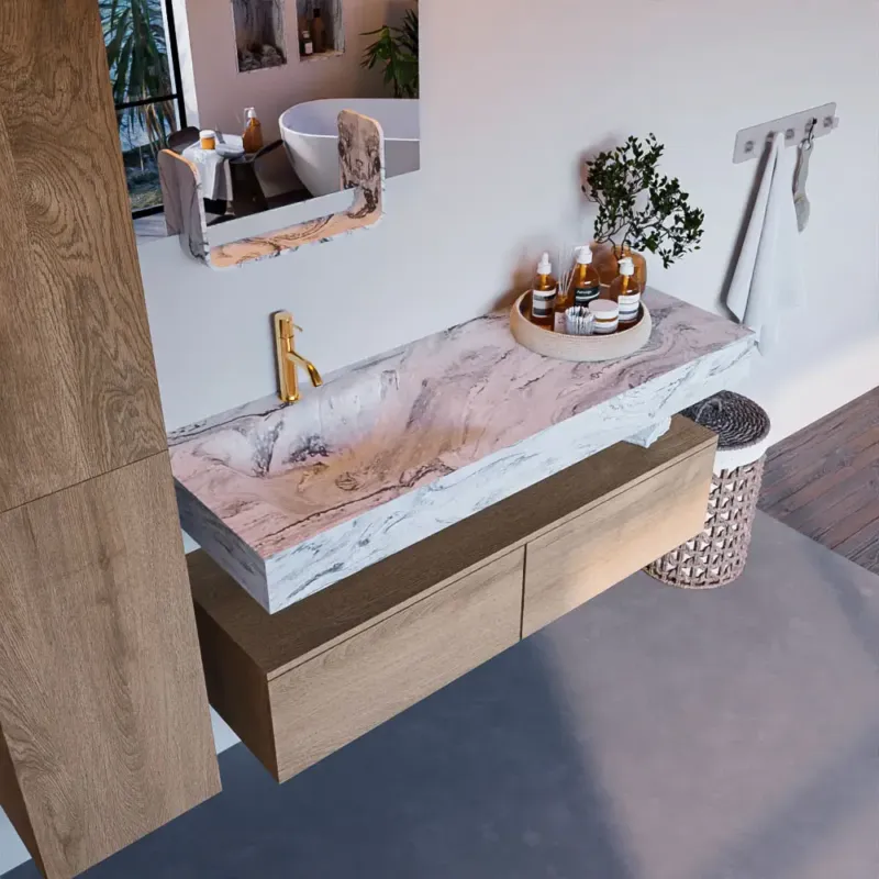 Mondiaz Alan DLux badmeubel 130cm washed oak 2 lades met wastafel glace links 1 kraangat Aanbieding