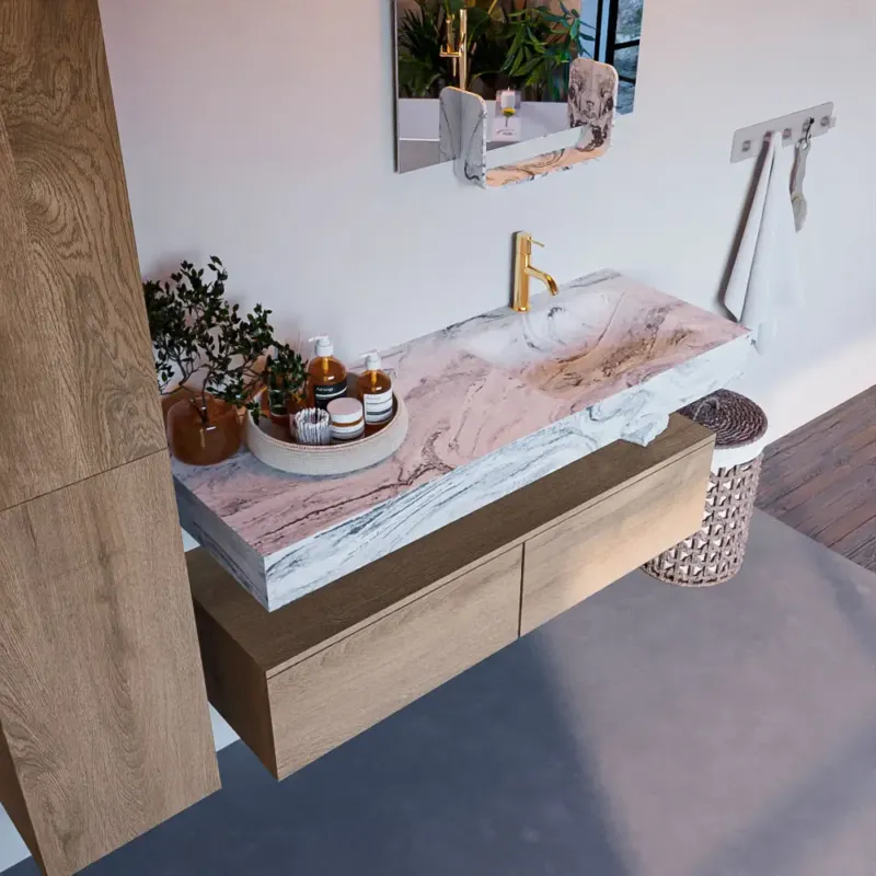 Mondiaz Alan DLux badmeubel 130cm washed oak 2 lades met wastafel glace rechts 1 kraangat Premium