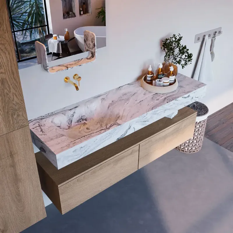 Weekendaanbieding Mondiaz Alan DLux badmeubel 150cm washed oak 2 lades met wastafel glace links zonder kraangat