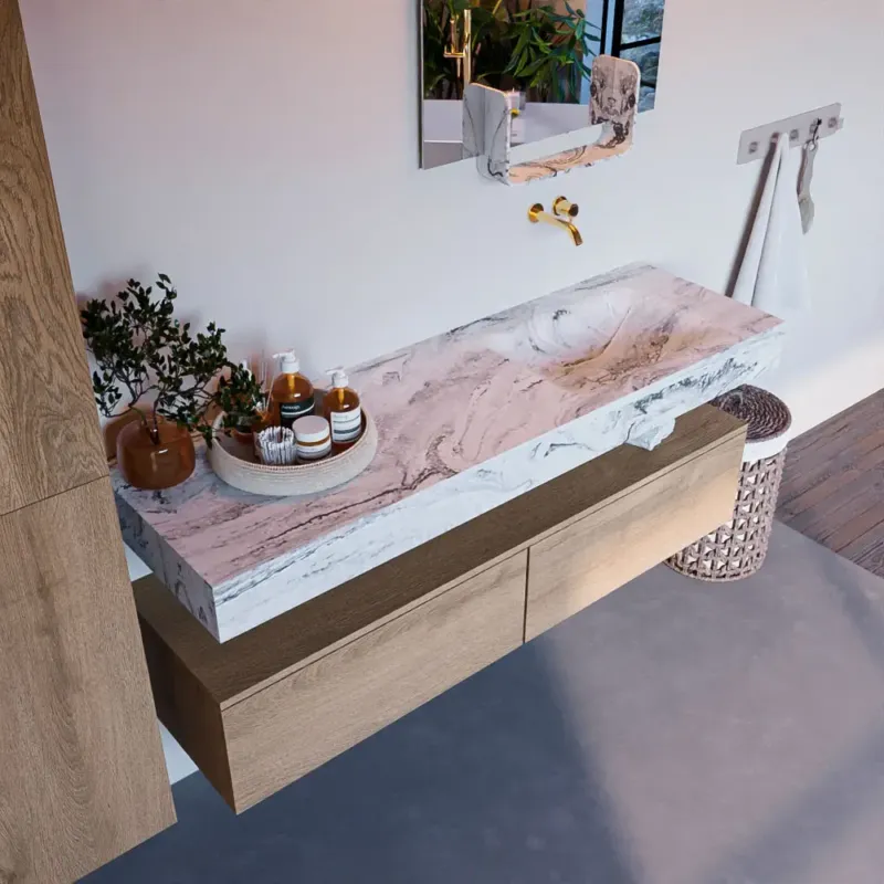 Mondiaz Alan DLux badmeubel 150cm washed oak 2 lades met wastafel glace rechts zonder kraangat Merkproduct