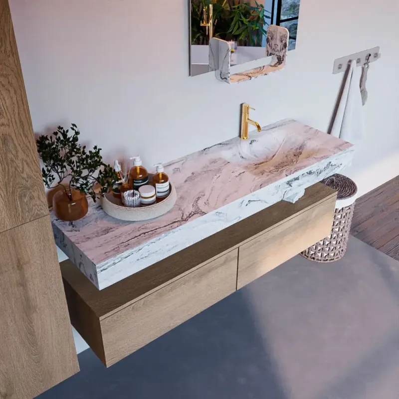 Voordeelprijs Mondiaz Alan DLux badmeubel 150cm washed oak 2 lades met wastafel glace rechts 1 kraangat