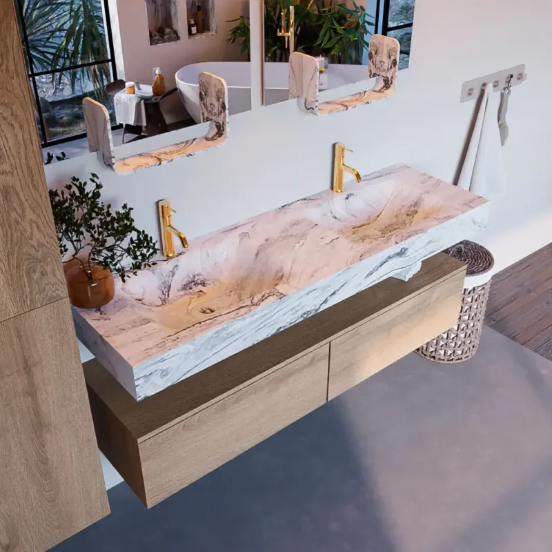 Actieprijs Mondiaz Alan DLux badmeubel 150cm washed oak 2 lades met wastafel glace dubbel 2 kraangaten