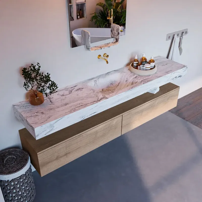 Mondiaz Alan DLux badmeubel 200cm washed oak 2 lades met wastafel glace midden zonder kraangat Rechtstreeks Van De Fabrikant